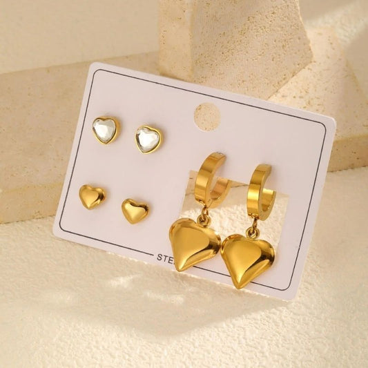 Boucle D’oreille Femme 3 Trous Cœur Doré Inox