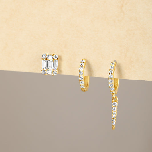 Boucle D'Oreille 3 Trous Argent Doré Étincelant