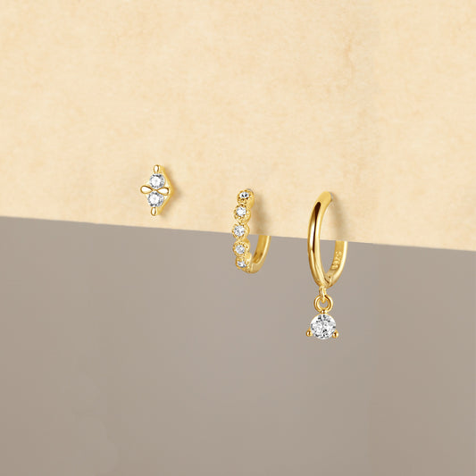 Boucle D'Oreille 3 Trous Argent Doré Pépite Chic