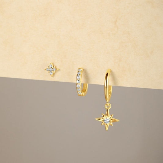 Boucle D'Oreille 3 Trous Argent Étoilé Et Doré