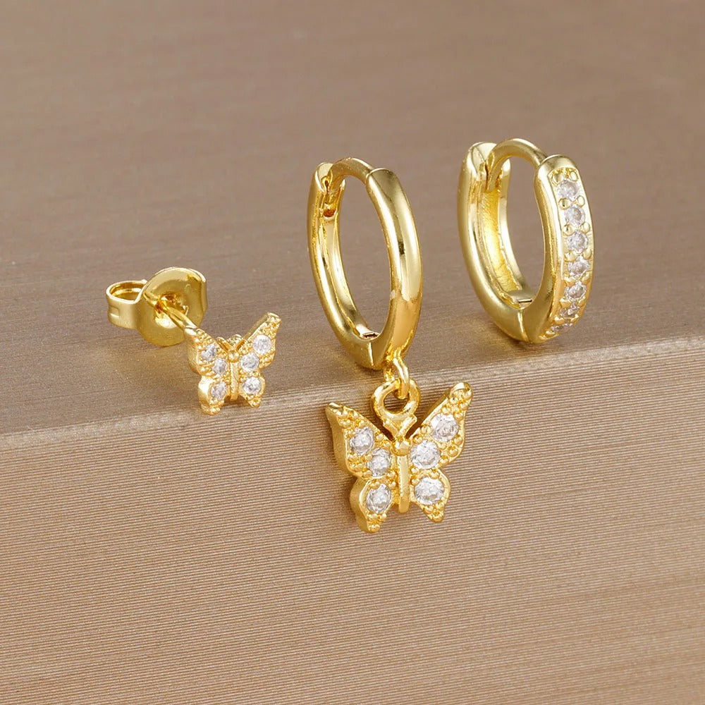 Boucle D'Oreille 3 Trous Papillon Délicat Acier Inoxydable