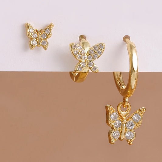 Boucle D'Oreille 3 Trous Papillon Étincelant Acier Inoxydable