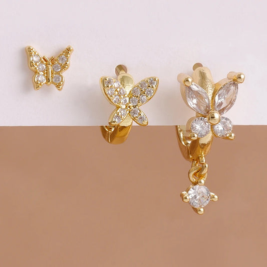 Boucle D'Oreille 3 Trous Papillon Féérique Acier Inoxydable