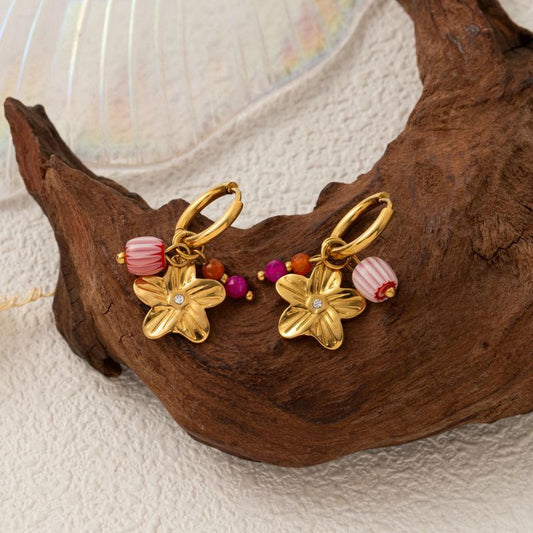 Boucle D'oreille Acier Inoxydable Pendante Pierres et Feuilles