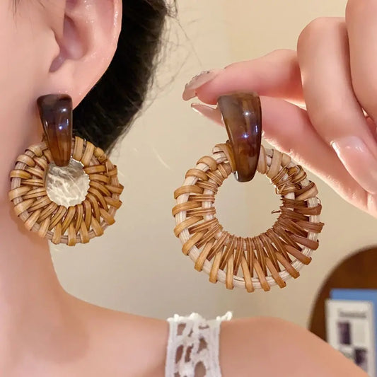 Boucle D'Oreille En Bois Tressé Cercle et Résine