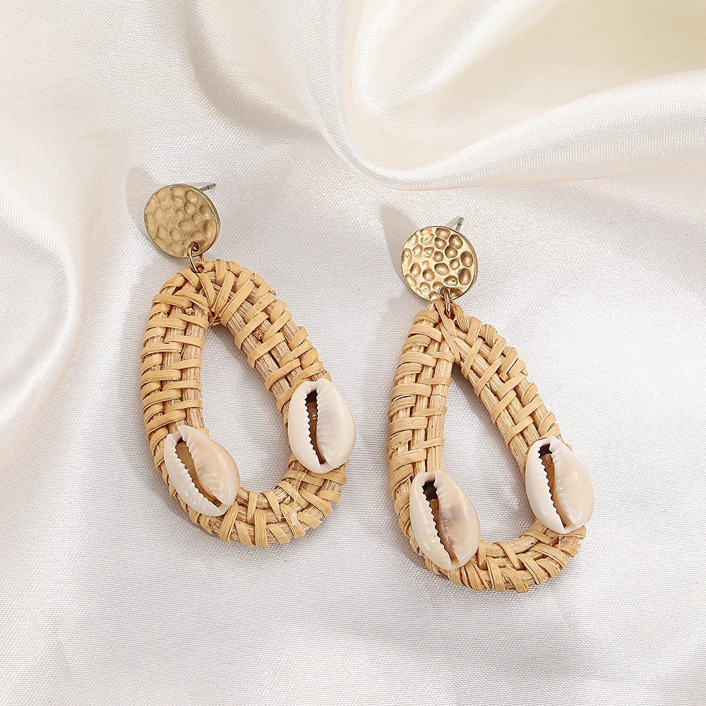 Boucle D'Oreille En Bois Tressé et Coquillages