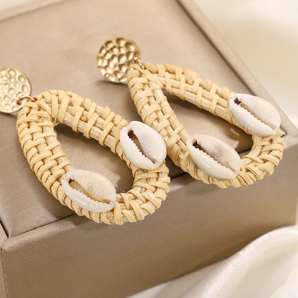 Boucle D'Oreille En Bois Tressé et Coquillages