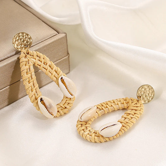 Boucle D'Oreille En Bois Tressé et Coquillages