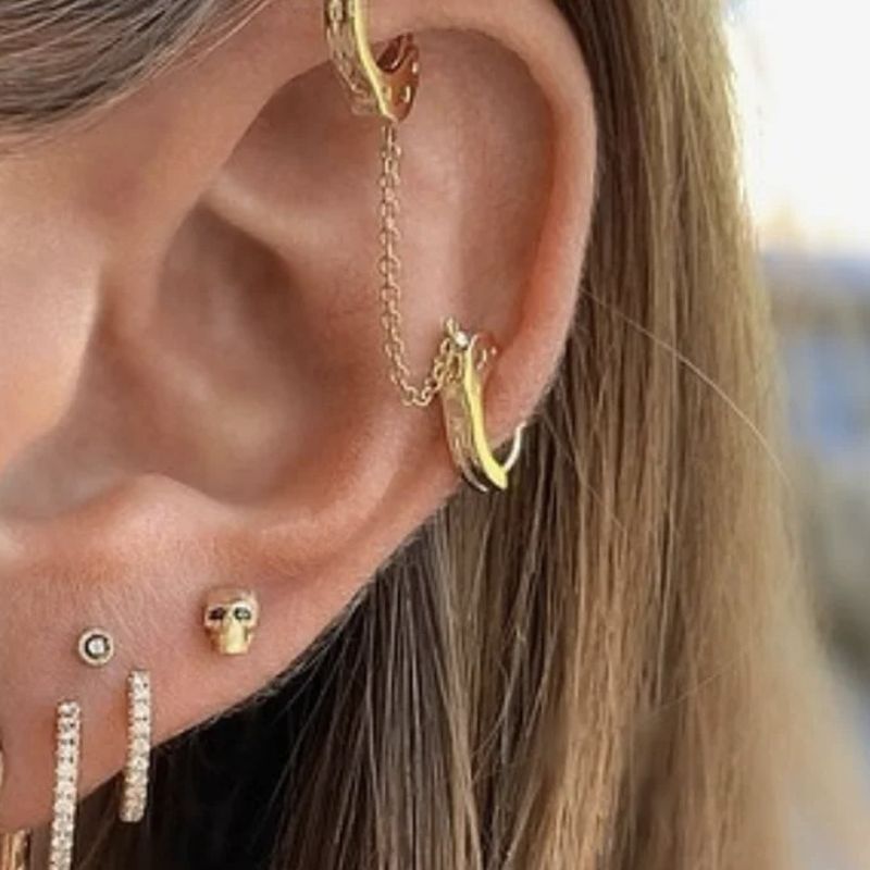 Boucle D'Oreille Chaine 2 Trous Dorée Menottes