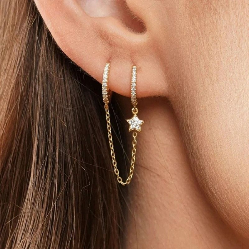 Boucle D'oreille Chaine 2 Trous Étoile Pendante