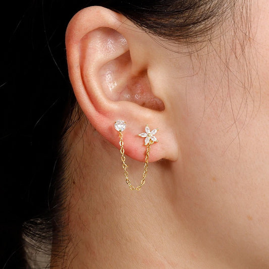 Boucle D'Oreille Chaine 2 Trous Fleur Acier Inoxydable