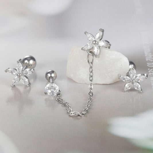 Boucle D'oreille Chaine 2 Trous Fleur Lot Minimaliste - Acier inoxydable