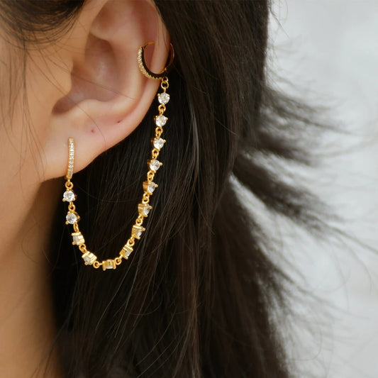 Boucle D'Oreille Chaine 2 Trous Strass Zircon