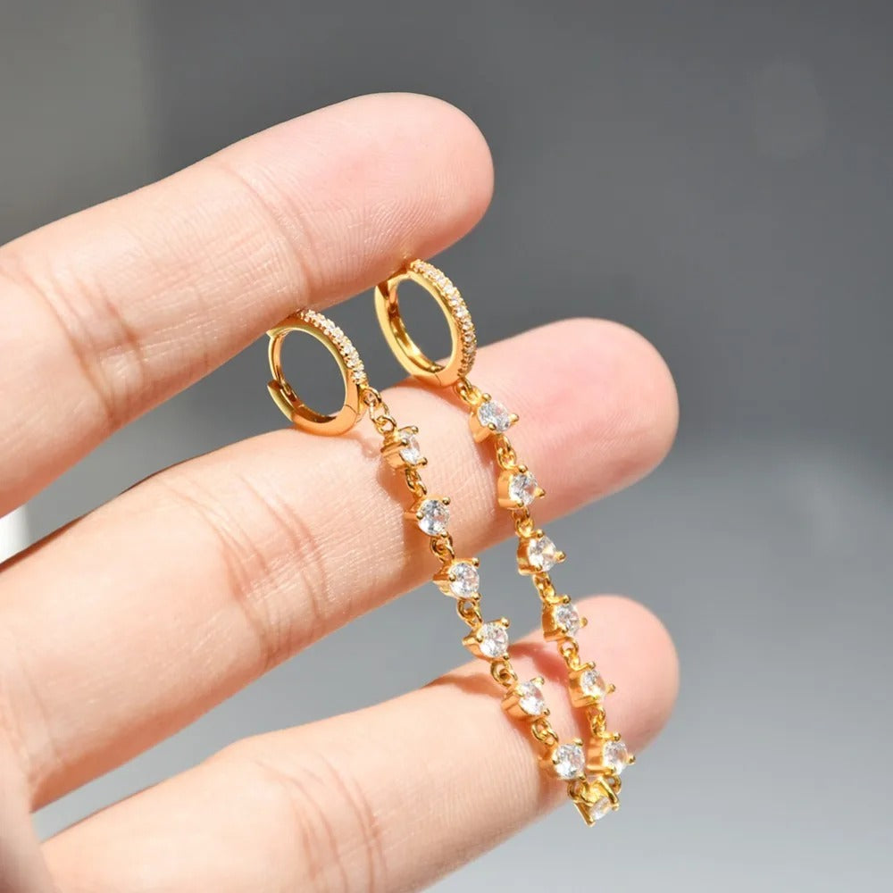 Boucle D'Oreille Chaine 2 Trous Strass Zircon