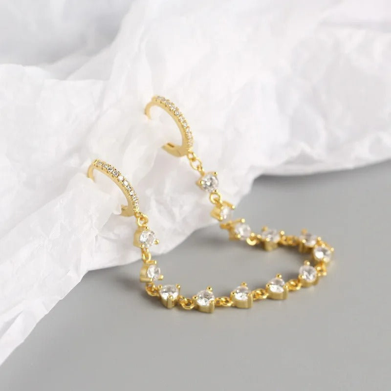 Boucle D'Oreille Chaine 2 Trous Strass Zircon