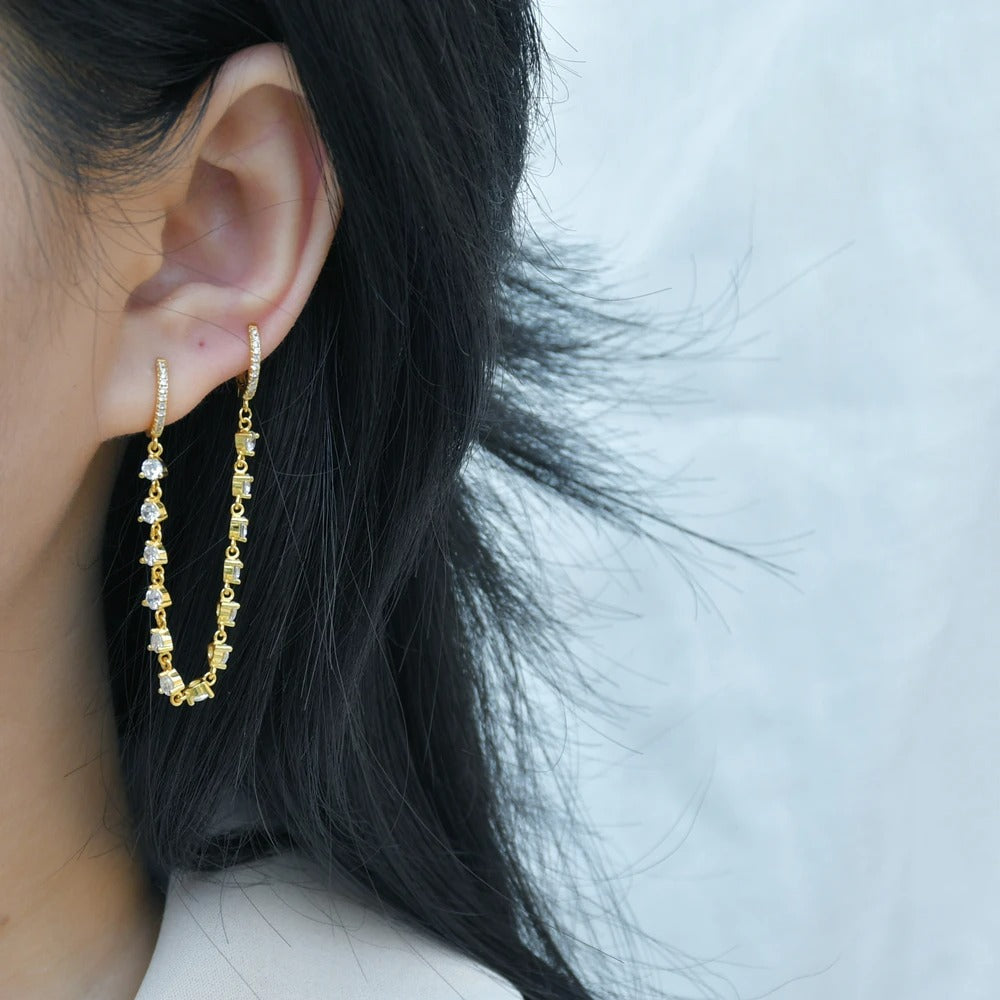 Boucle D'Oreille Chaine 2 Trous Strass Zircon
