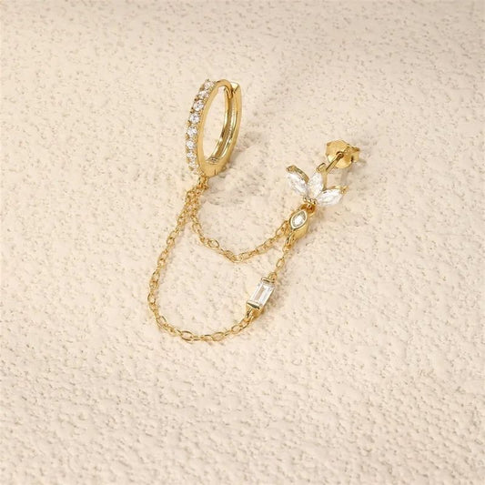 Boucle d'Oreille Chaine Anneau Et Fleur Dorée