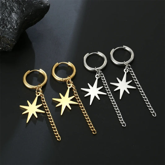 Boucle D'Oreille Chaine Dorée Étoile & Créole Acier Inoxydable