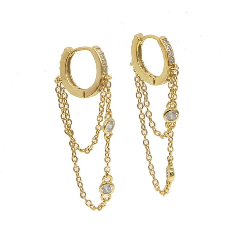 Boucle D'Oreille Chaine Double Et Acier Inoxydable Doré