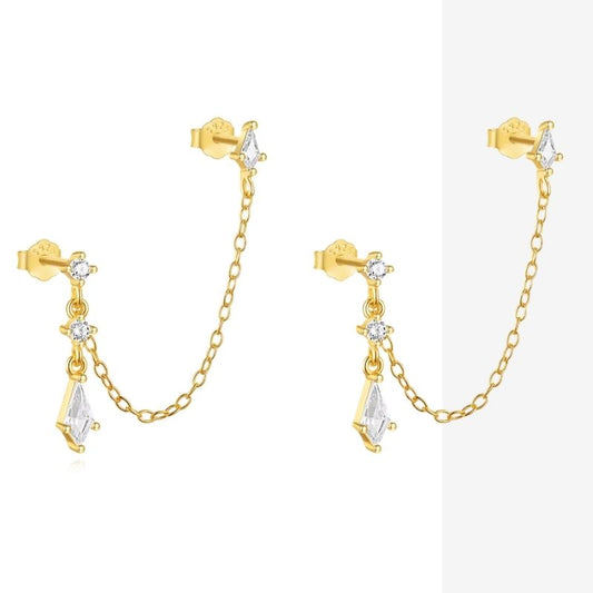 Boucle d'Oreille Chaine Losange Pendant Doré