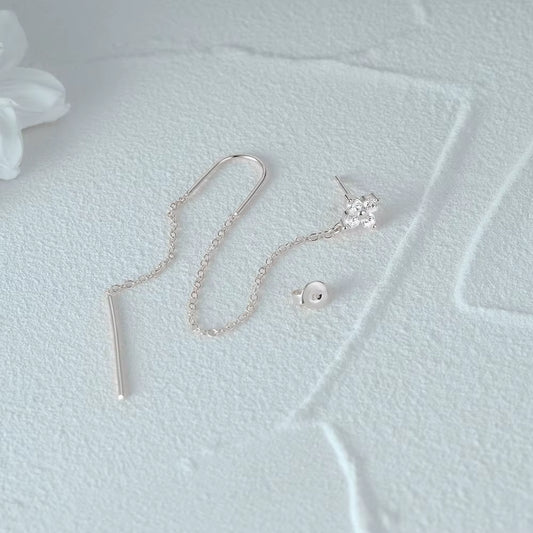 Boucle D'oreille Chaine Pendante Fleur - Argent