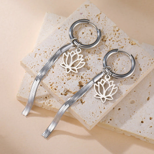 Boucle D'oreille Créole Originale Lotus & Chaîne Acier Inoxydable