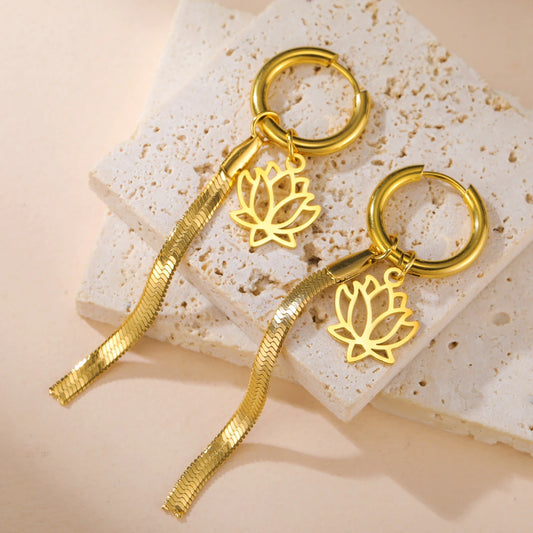 Boucle D'Oreille Créole Originale Lotus & Chaîne Fluide Acier Inoxydable