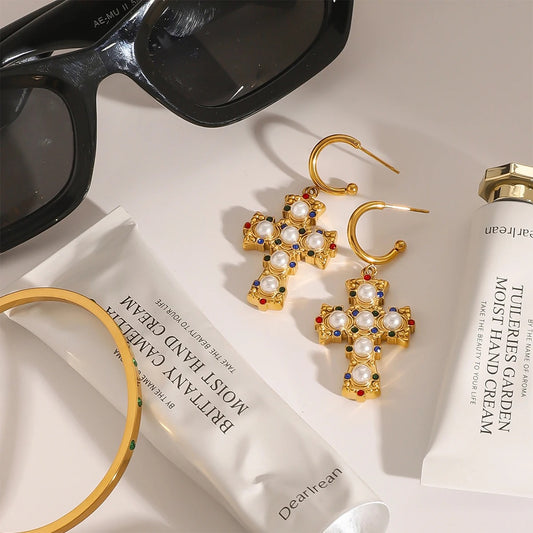 Boucle D'oreille Croix Femme Byzantine en Acier Inoxydable