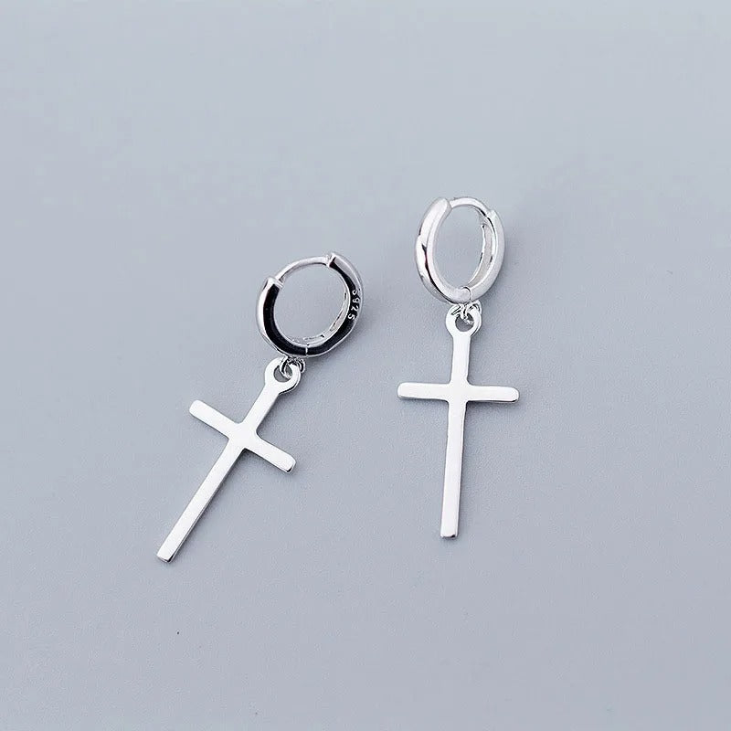 Boucle d'Oreille Croix Femme en Cuivre Couleur Argenté