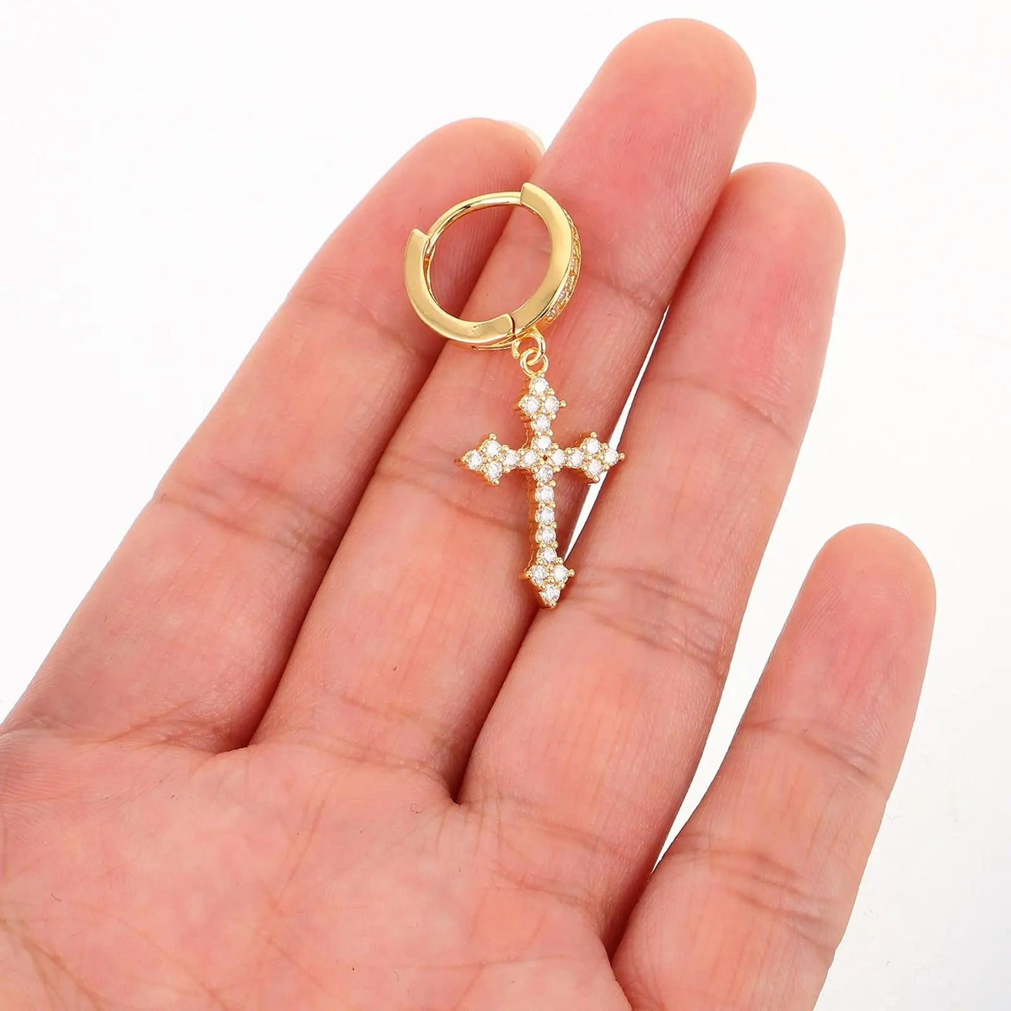 Boucle d'Oreille Croix Homme Dorée Pendante