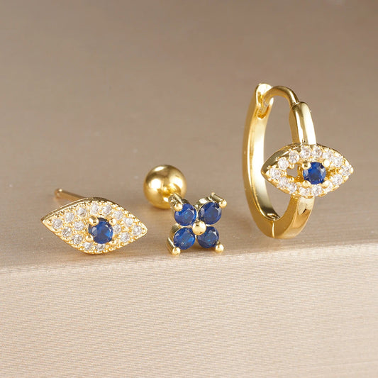 Boucle D'oreille Dépareillée Acier Inoxydable Trio Doré et Bleu