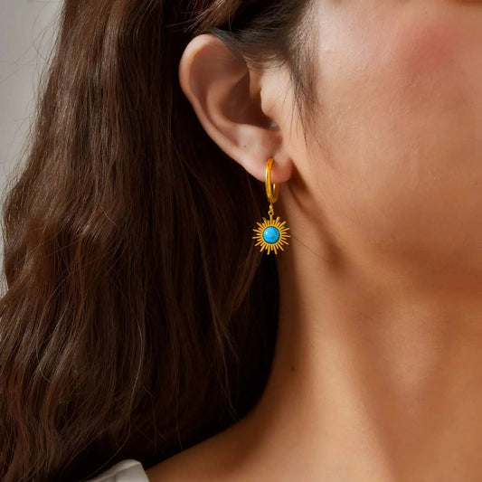 Boucle D’oreille Femme 3 Trous Doré et Bleu – Acier Inoxydable