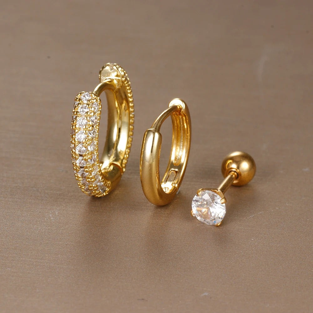 Boucle D’oreille Femme 3 Trous – Doré Zircon Acier Inoxydable