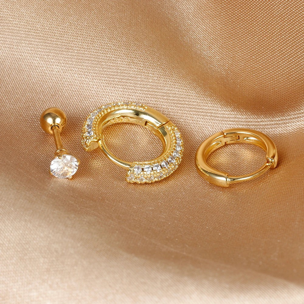 Boucle D’oreille Femme 3 Trous – Doré Zircon Acier Inoxydable
