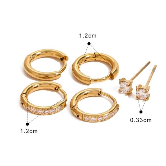 Boucle D’oreille 3 Trous – Doré Zircon Acier Inoxydable