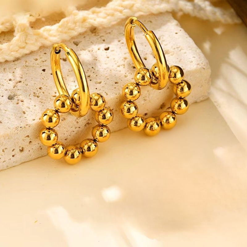 Boucle D'oreille Femme Créole Perles Dorées - Acier Inoxydable