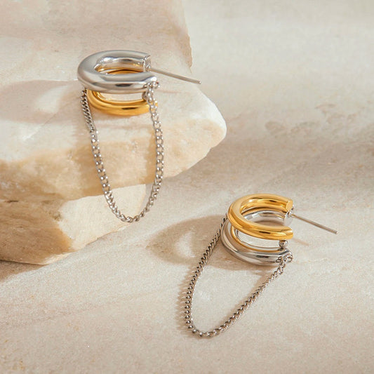 Boucle D'oreille Femme Pendante Bicolore Et Chaîne -Acier Inoxydable