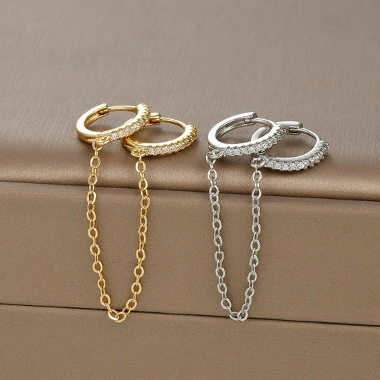 Boucle D'oreille Femme Pendante Chaîne 2 Trous - Acier Inoxydable