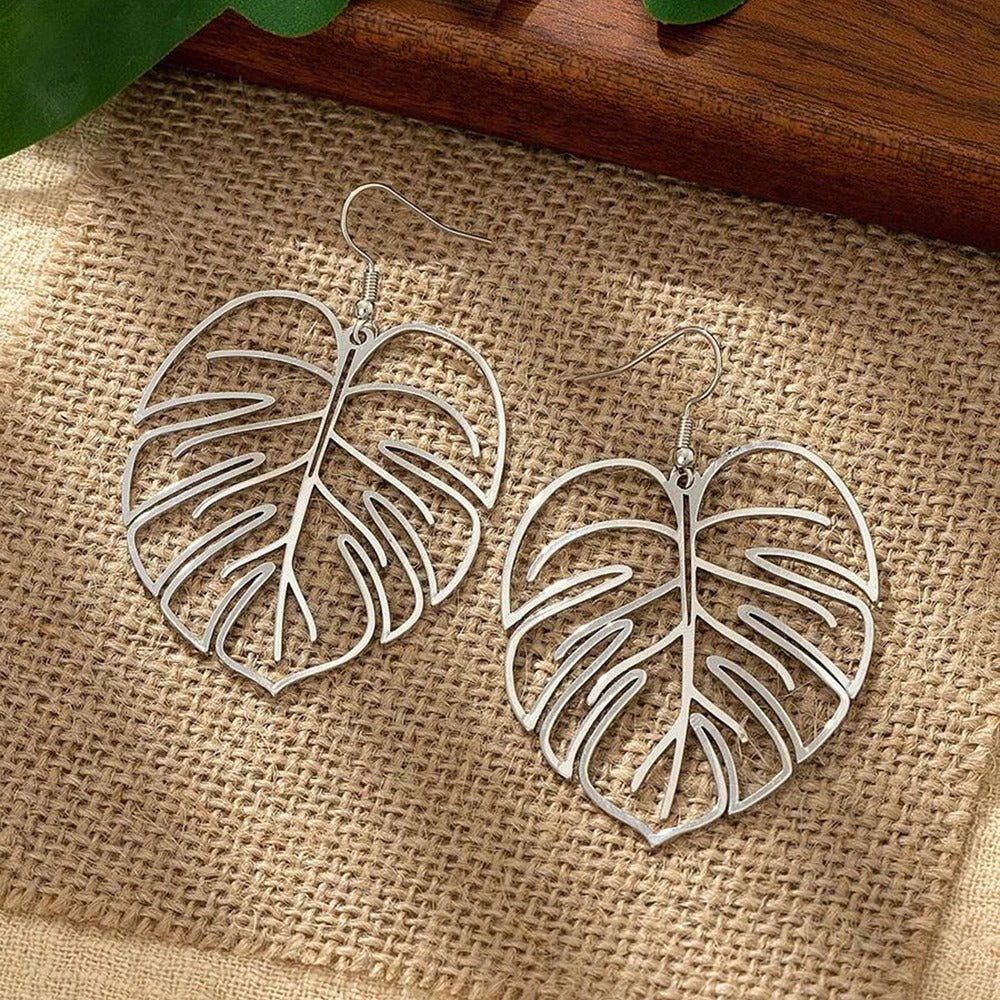 Boucle D'oreille Feuille Argenté en Acier Inoxydable