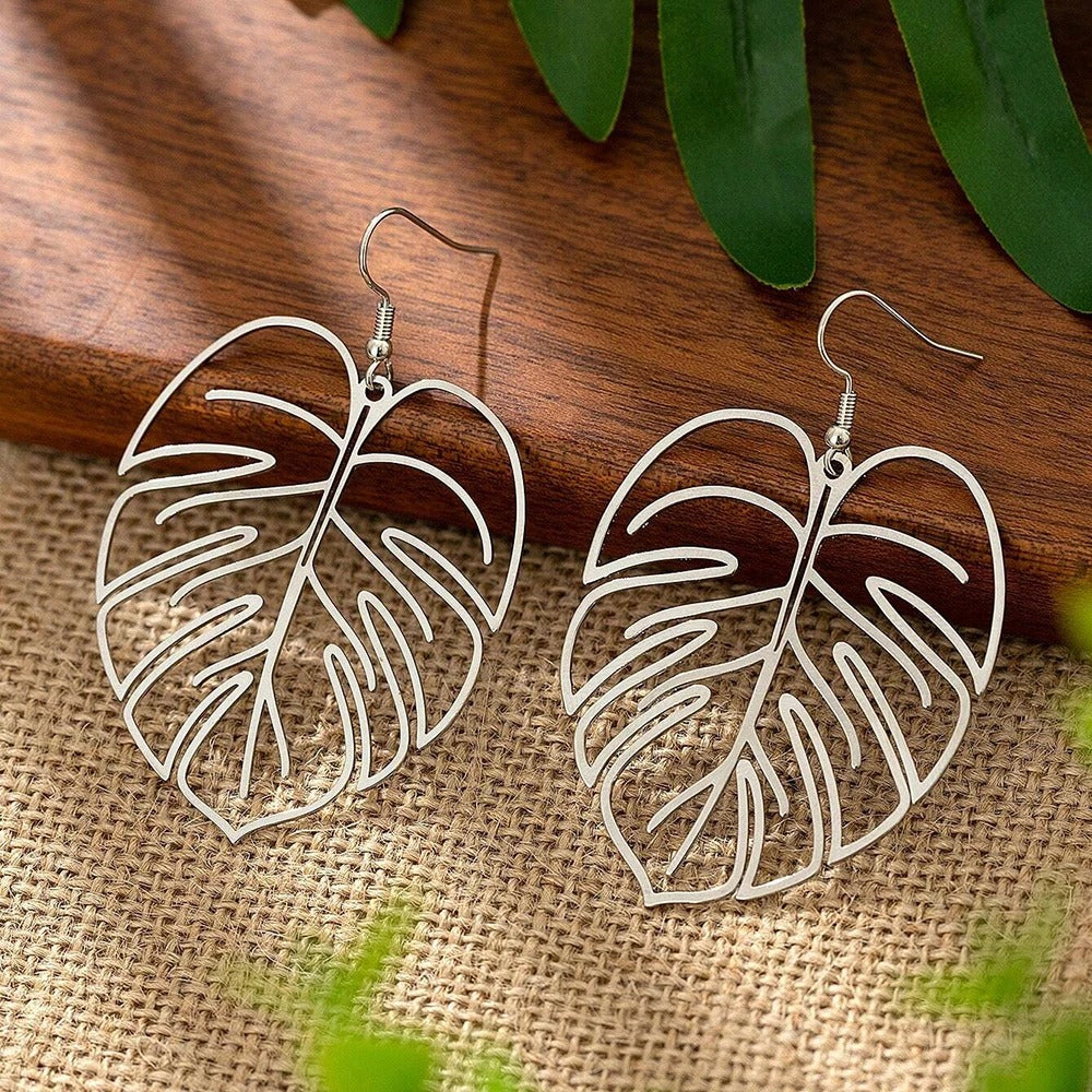 Boucle D'oreille Feuille Argenté en Acier Inoxydable