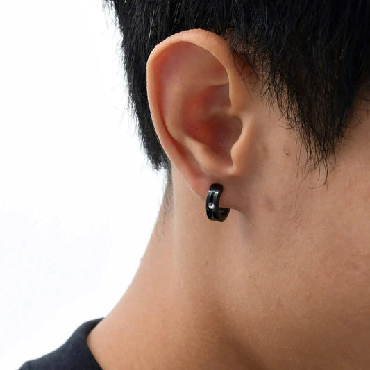 Boucle D’Oreille Homme Créole Noire Acier inoxydable Strass