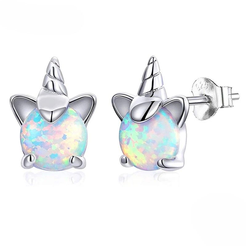 Boucle D'oreille Licorne Pierre Effet Opale