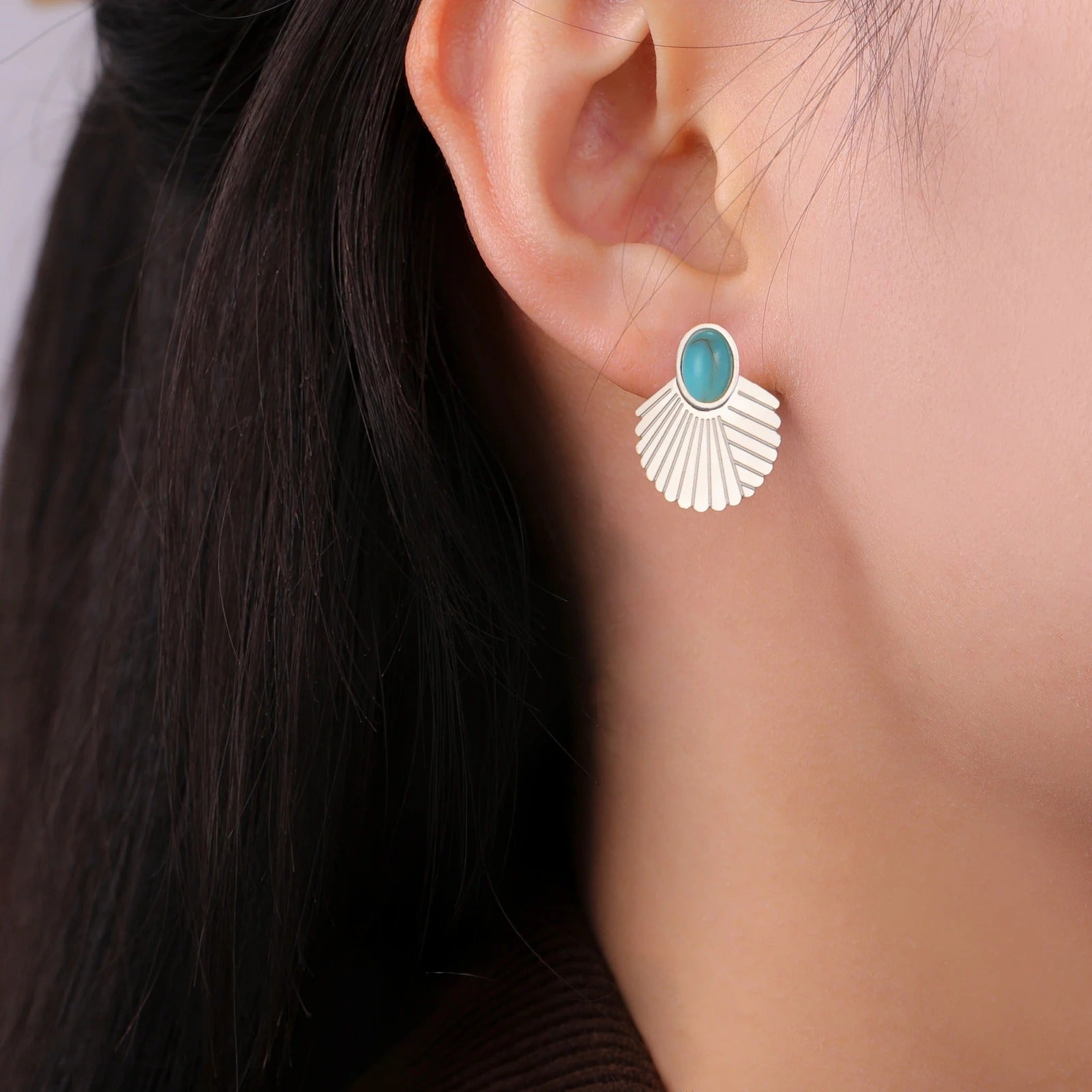 Boucles D'oreille Turquoise Sur Argent 925 - Type Puces, Occasion - Bijou Ethnique Chic