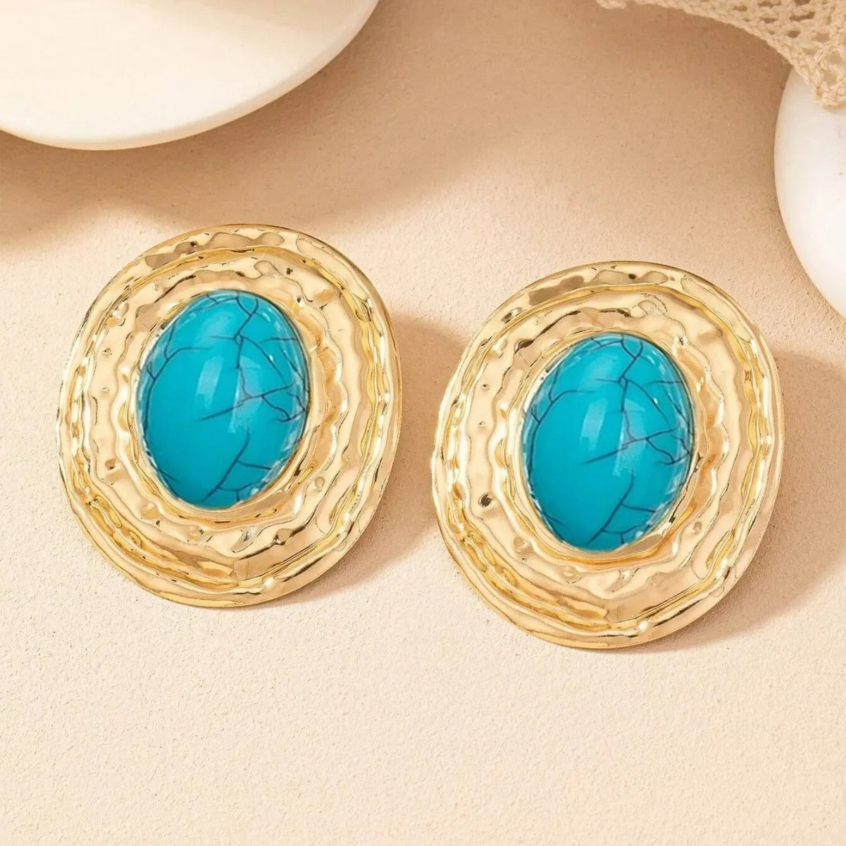 Boucle D'Oreille Turquoise Ovale Doré Chic