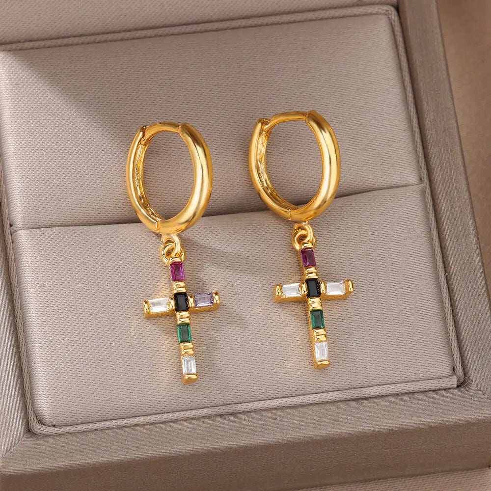 Boucle d'Oreille Croix Colorée Élégante