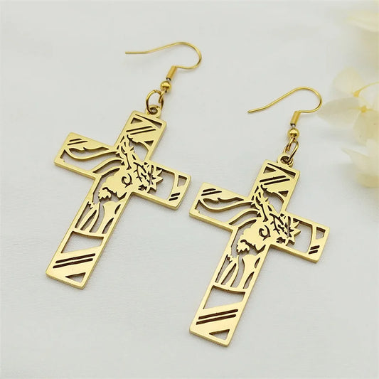 Boucle d'Oreille Croix Dorée en Acier Inoxydable