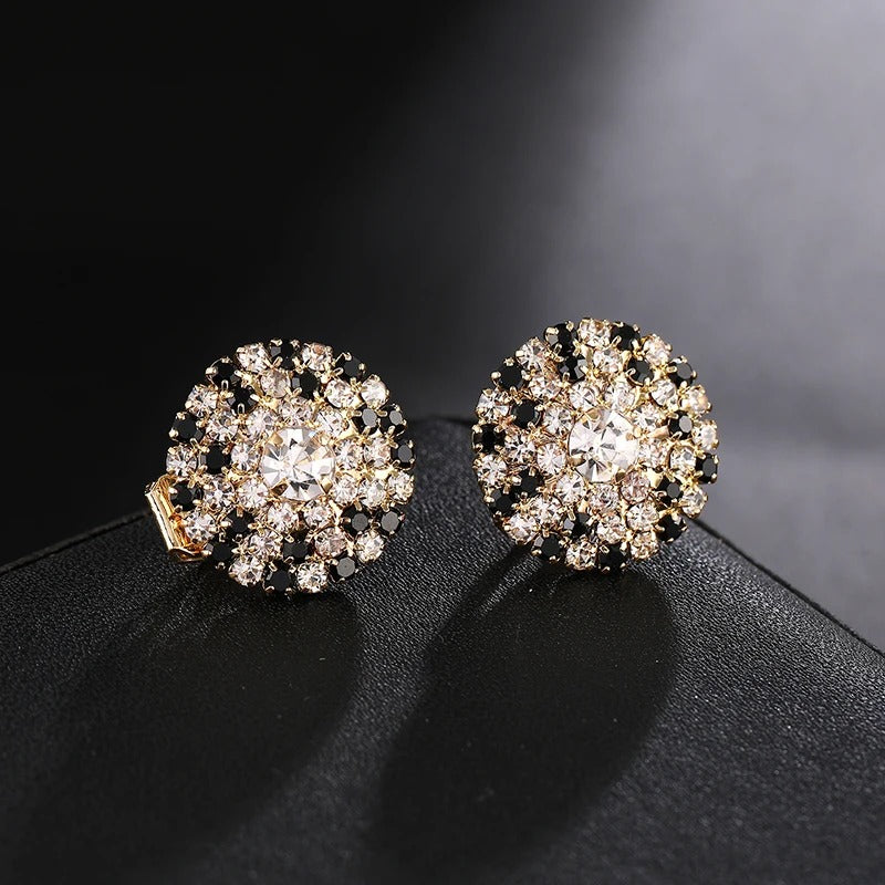 Boucles D'oreilles Clips Rondes Noir Et Cristal