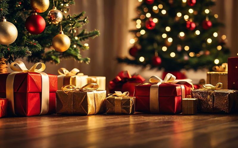 pleins de cadeaux au pied d'un sapin sur un sol en parquet.