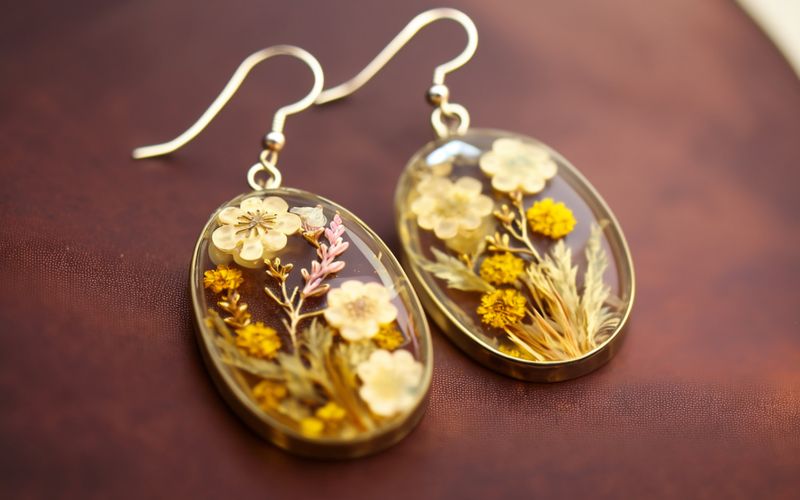 Paire de boucles d'oreilles ovales plates avec de véritable fleurs emprisonnées dans de la résine, posées sur un plateau marron foncé marbré Image