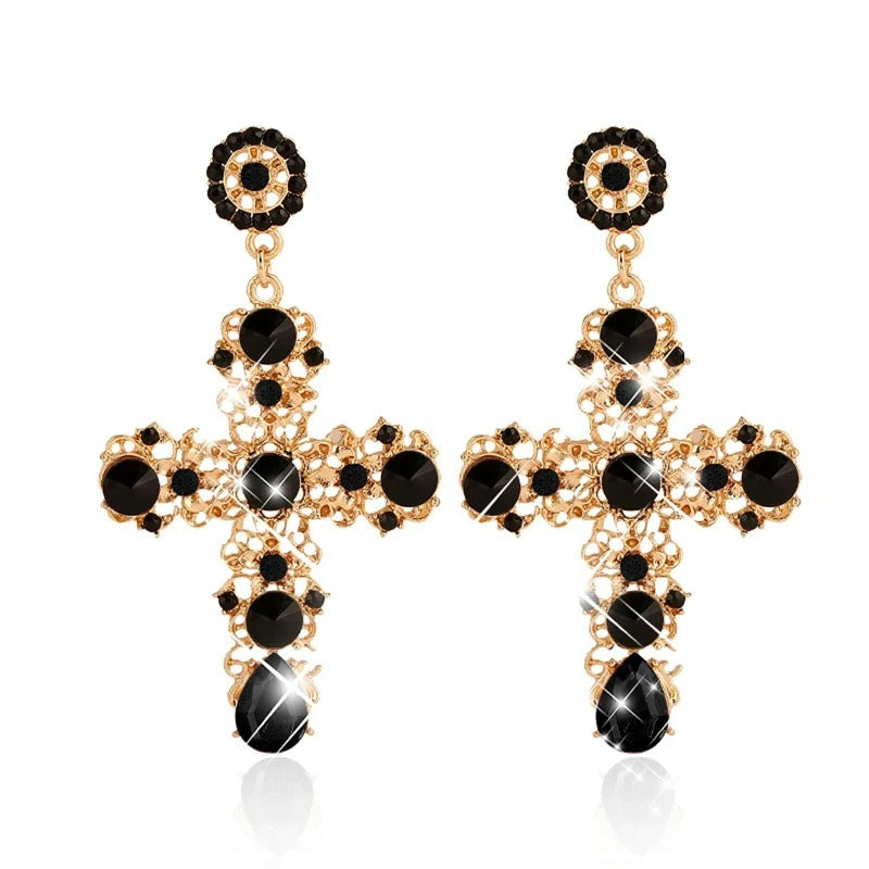 Boucle D'oreille Croix Femme Vintage Doré et Noire